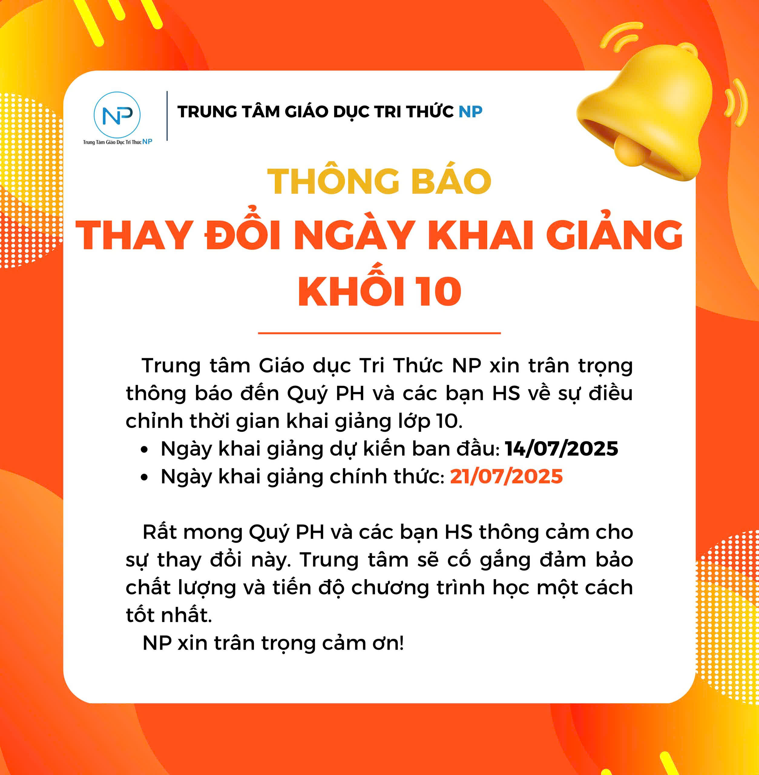 Thông báo về việc dời ngày khai giảng.