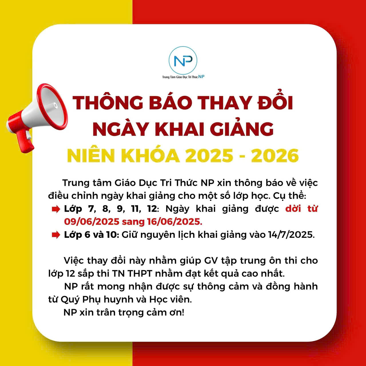Thông báo về việc dời ngày khai giảng.