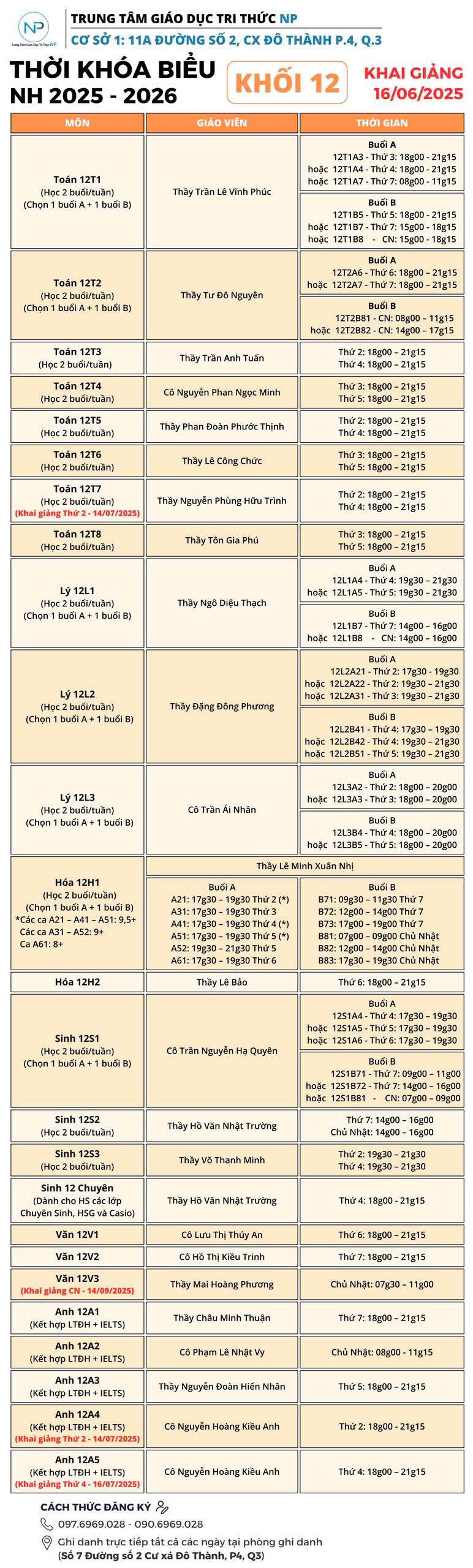 Lịch học chi tiết
